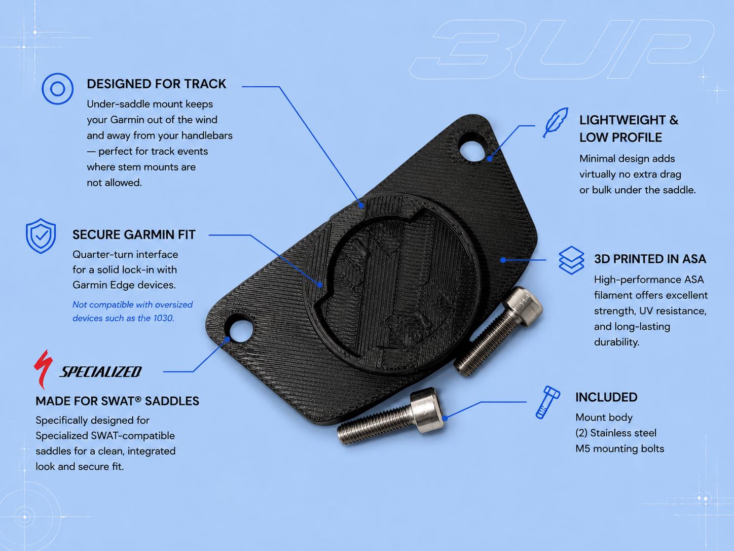 Under-Saddle Garmin Mount for Specialized SWAT Saddles: Aero Track Bike GPS Holder product image 2
